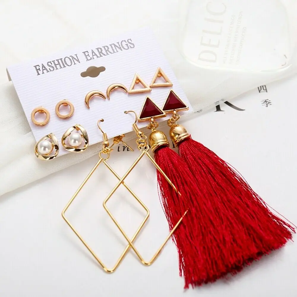 

6Pairs New Design Tassel Stud Earrings Set For Women Girl 2019 Bohemian Gold Flower Long Earring Female Fashion Wedding Jewelry