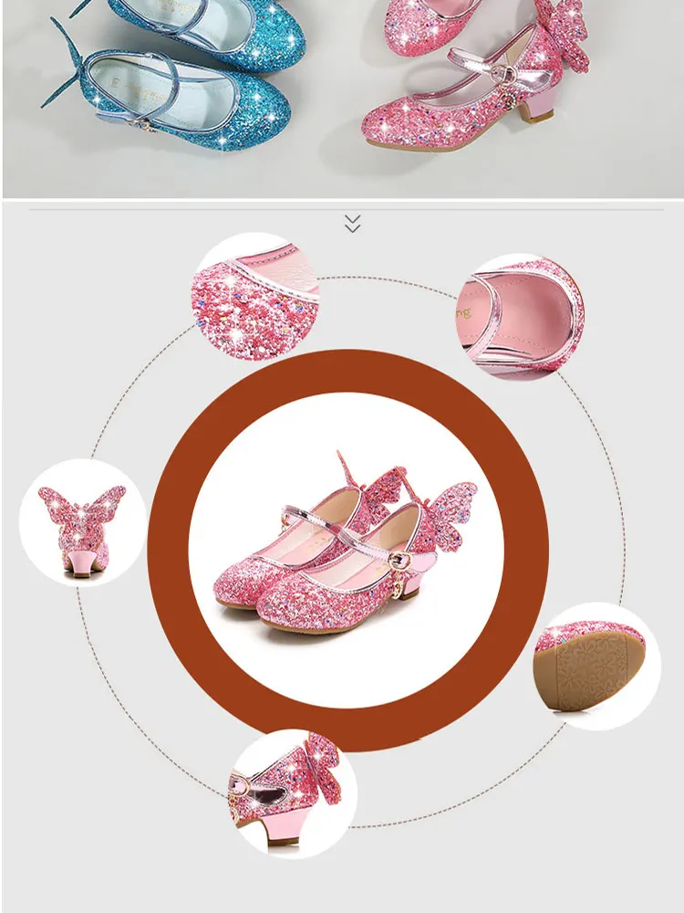 Детская обувь принцессы для девочек; сандалии для детей с блестками и бабочкой; детская обувь на низком каблуке; вечерние туфли для девочек; Enfant meisjes schoenen