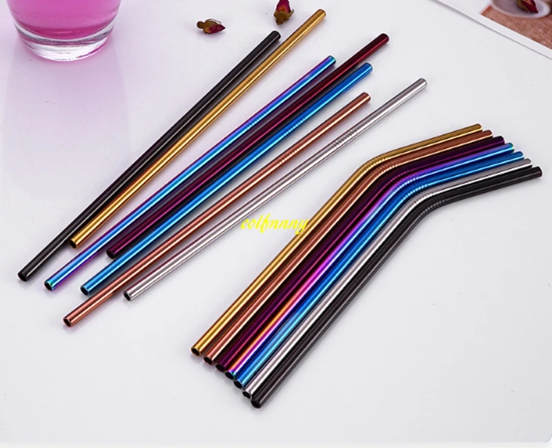 100pcs/lot 6*215mm Colorful Stainless Steel Straw drinking straw bend & straight drinking straw