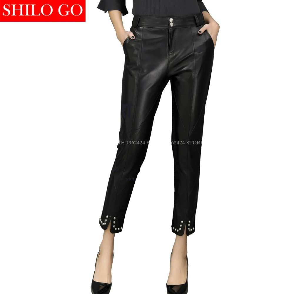 SHILO GAAN Nieuwe Mode Straat Vrouwen Kantoor Rijk slits zilveren klinknagels Schapenvacht Lederen Broek Dames Potlood Enkellange Broek SHILO GAAN Nieuwe Mode Straat Vrouwen Kantoor Rijk slits zilveren klinknagels Schapenvacht Lederen Broek Dames Potlood Enkellange Broek
