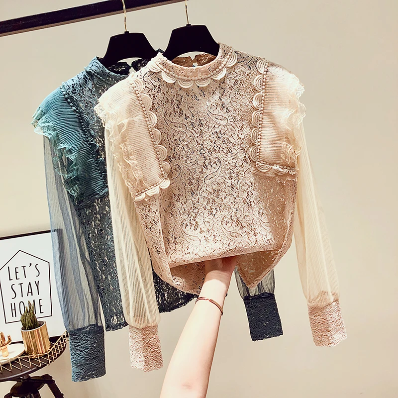 

Western Style Women Basic Shirts 2019 New Spring Solid Color Ruffles Elegant Pullovers Lace Tops Lantern Sleeve Female Blouses