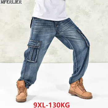 

MFERLIER mens personality jeans pocket Hip hop high street dance denim pants plus size 8XL 9XL 44 46 Parkour Skateboard jeans 42