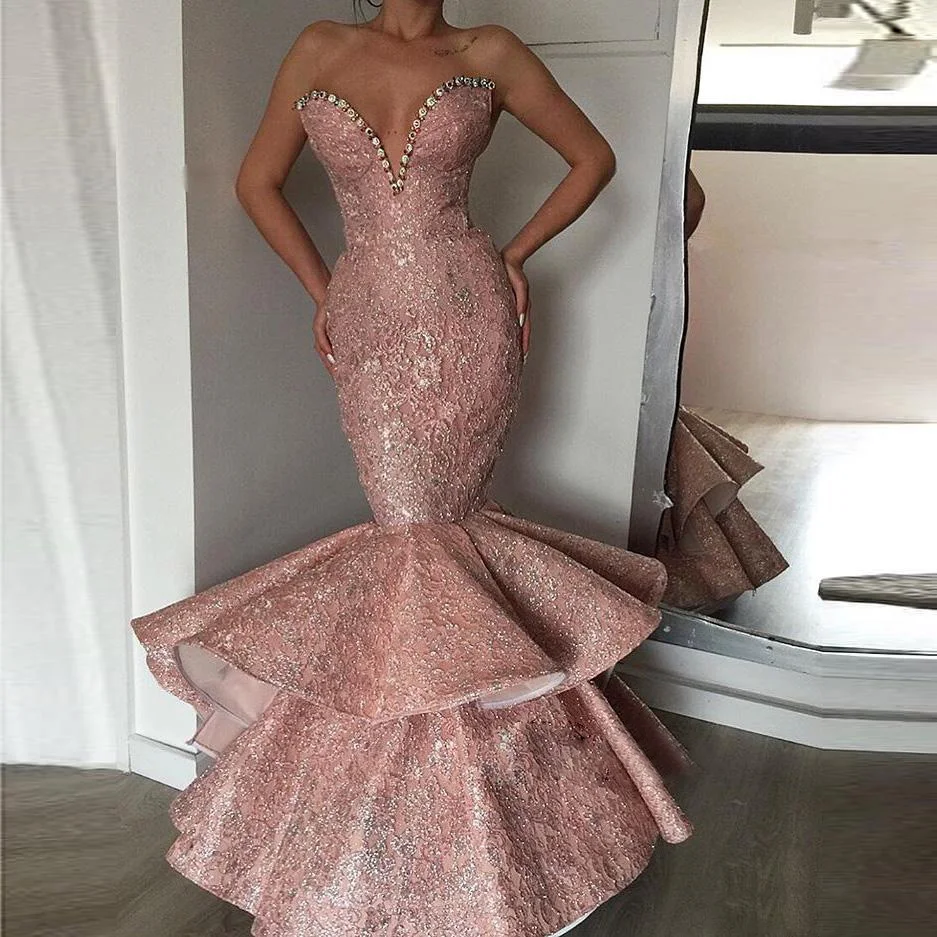 

Sexy Mermaid Prom Gowns Beaded Collar Sweetheart Tiered Lace Formal Dress Sleeveless Sexy Back Zipper Party Gowns Evening Wear