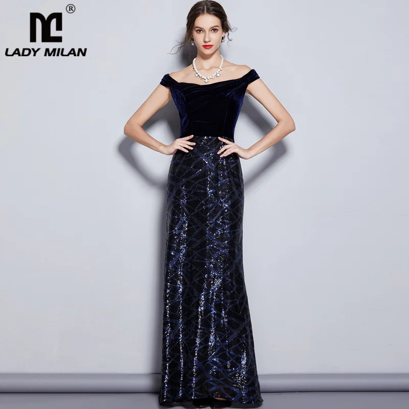 

Women's Runway Designer Dresses Slash Neckline Cap Sleeves Velour Bodice Patchwork Sequined Elegant Long Party Dresses