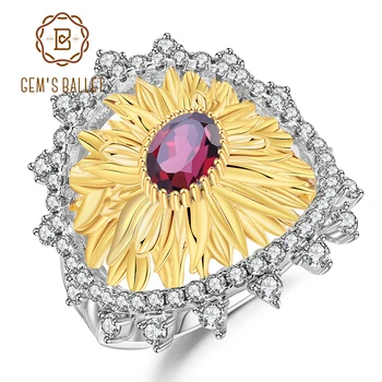 

GEM'S BALLET Luxury 925 Sterling Silver Handmade Ring 1.00Ct Natural Rhodolite Garnet Sunflower Rings for Women Fine Jewelry