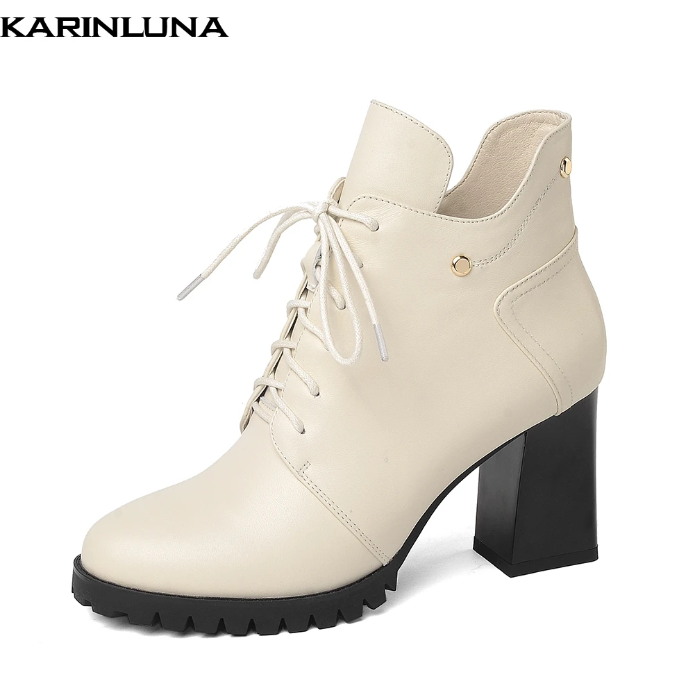 

Karinluna 2019 new High Heels Genuine cow Leather lady Boots Women Shoes elegant platform lace up Ankle Boots