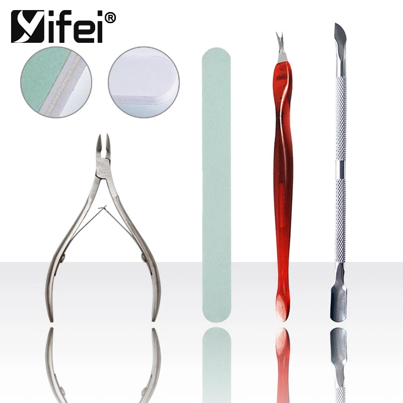 

YIFEI 4pcs/set Nail Polish Tool Stainless Steel Cuticle Spoon Pusher Nippers Clean Buffer Remover Clipper Trimmer Manicure Tools