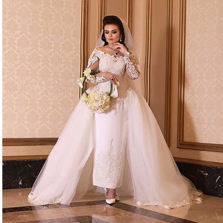 Vestido де noiva casamento 2016 Свадебное платье С Плеча С Длинным Рукавом Голеностопного Длина Свадебные Платья со Съемной Поезд