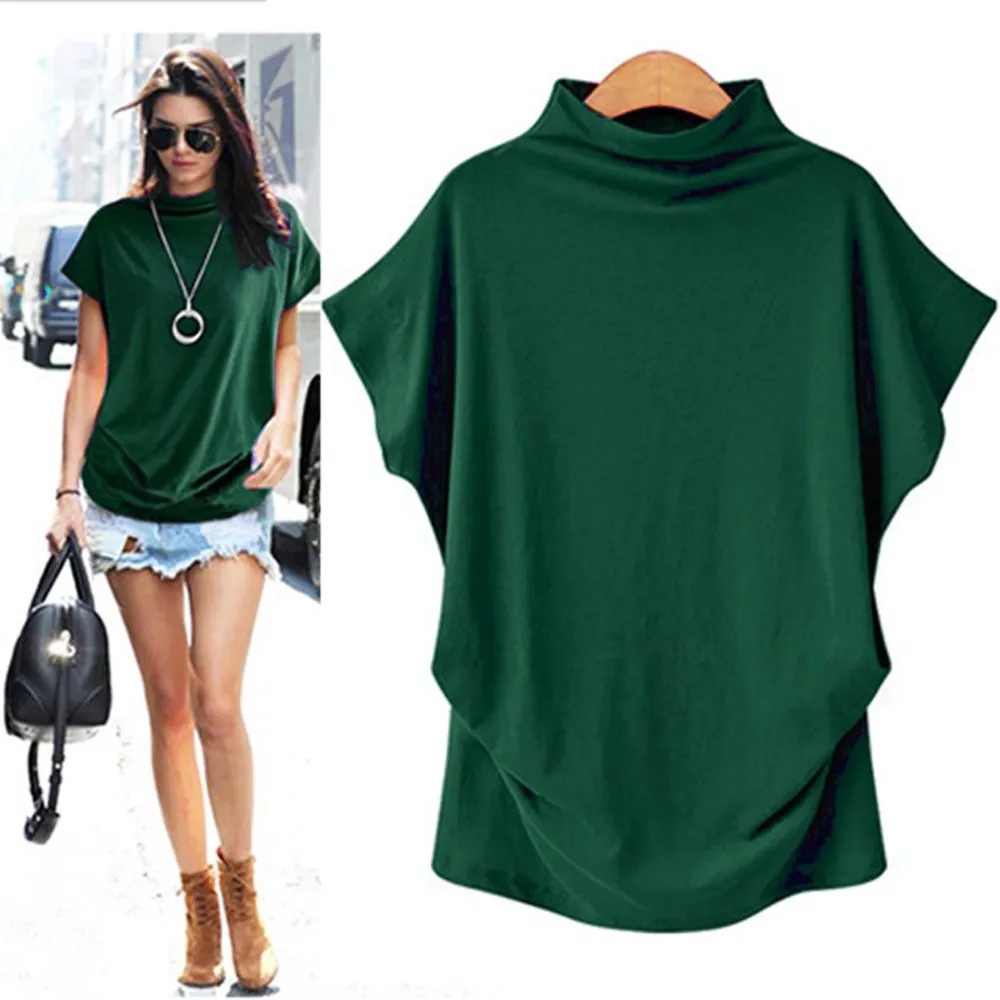 Women Casual Turtleneck Short Sleeve Cotton girl Solid Casual  Top Shirt female Plus Size Solid girl clothing fashion