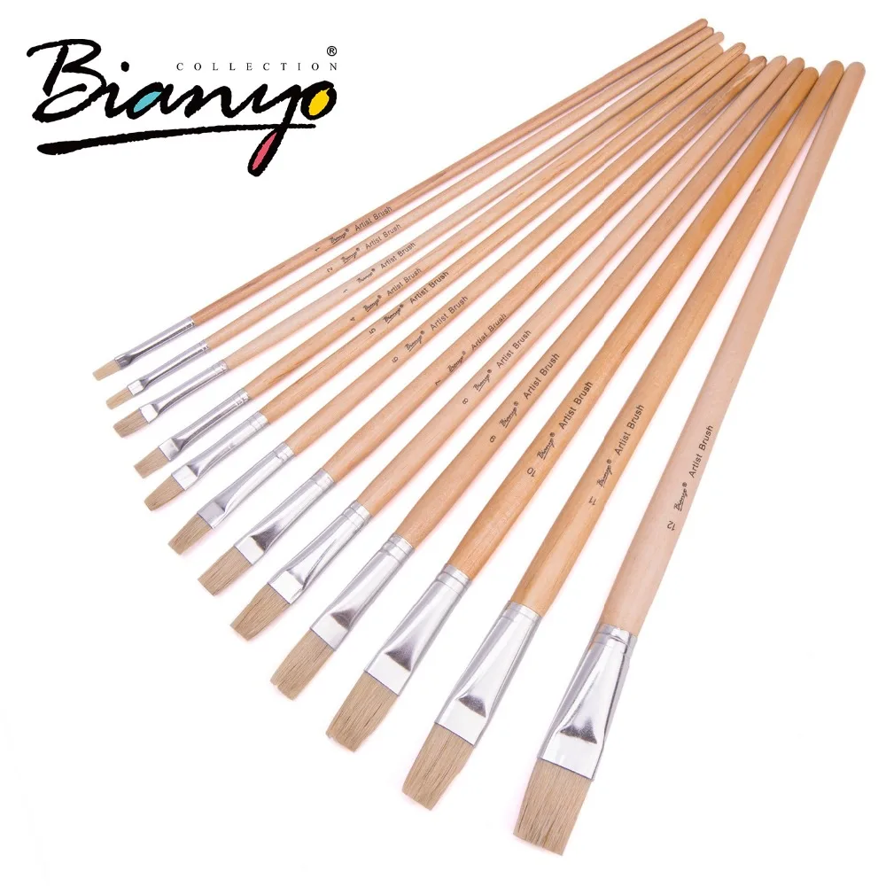 Us 70 25 Di Scontobianyo 12 Pz Testa Piatta Setola Capelli Manico In Legno Vernice Acrilica Pennello Pittura A Olio Pennelli Set Per Artista