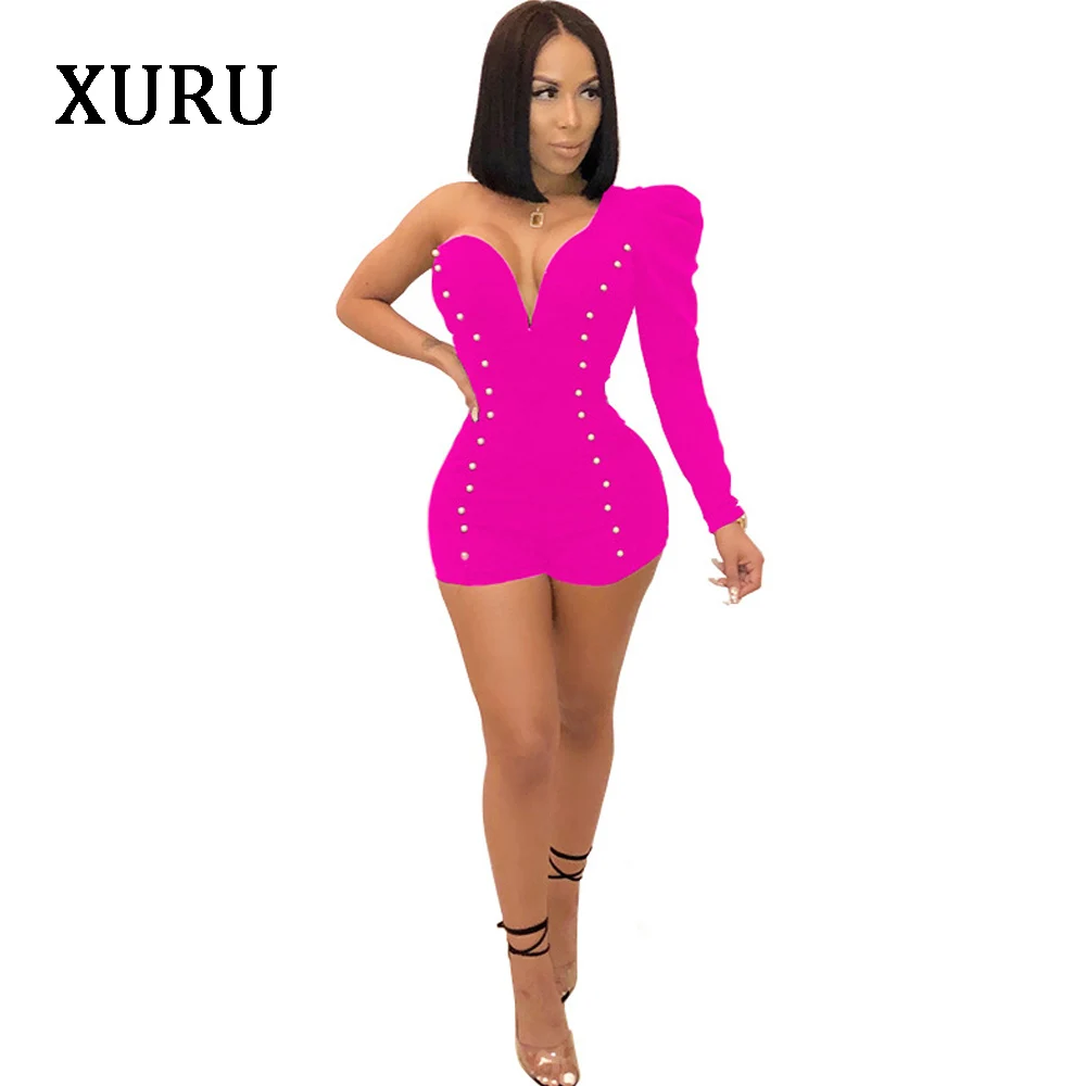XURU One Shoulder Women Jumpsuit Rompers Long Sleeve One Sleeve Beading V-Neck Solid Rompers Blue Green Black Womens Overalls