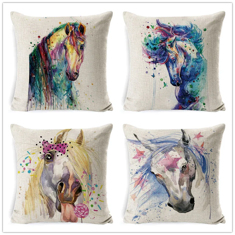 

FOKUSENT Horses Cushion Cover Hand Painted Animal Pillow Case Vintage Headboard Decorating Throw Pillow Rectangle Square Custom