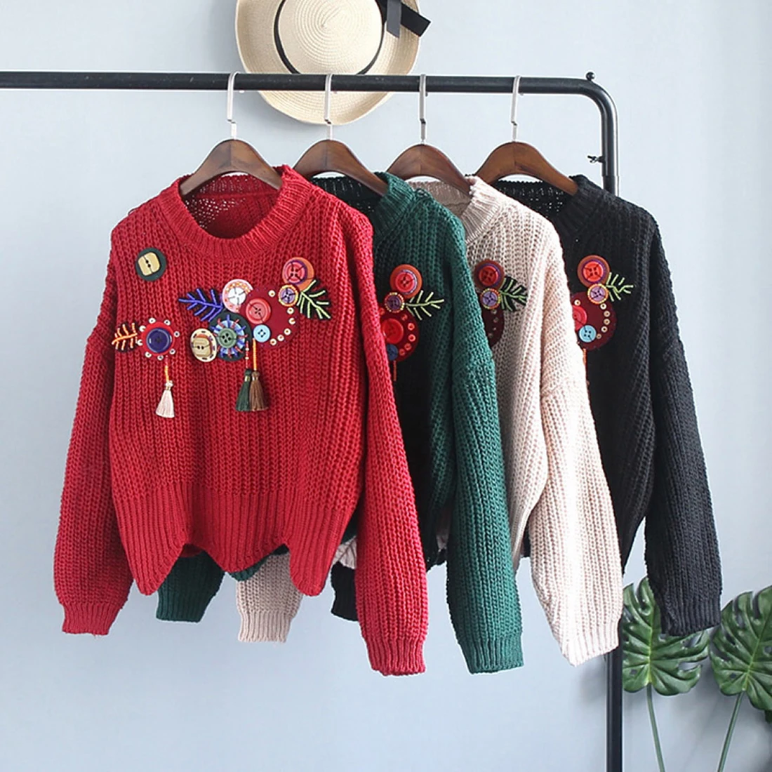 

Pullover Sweater Woman Long Sleeve Loose Jumper Pullover flower Pattern Printed Knitted Sweater Oversize Sweaters