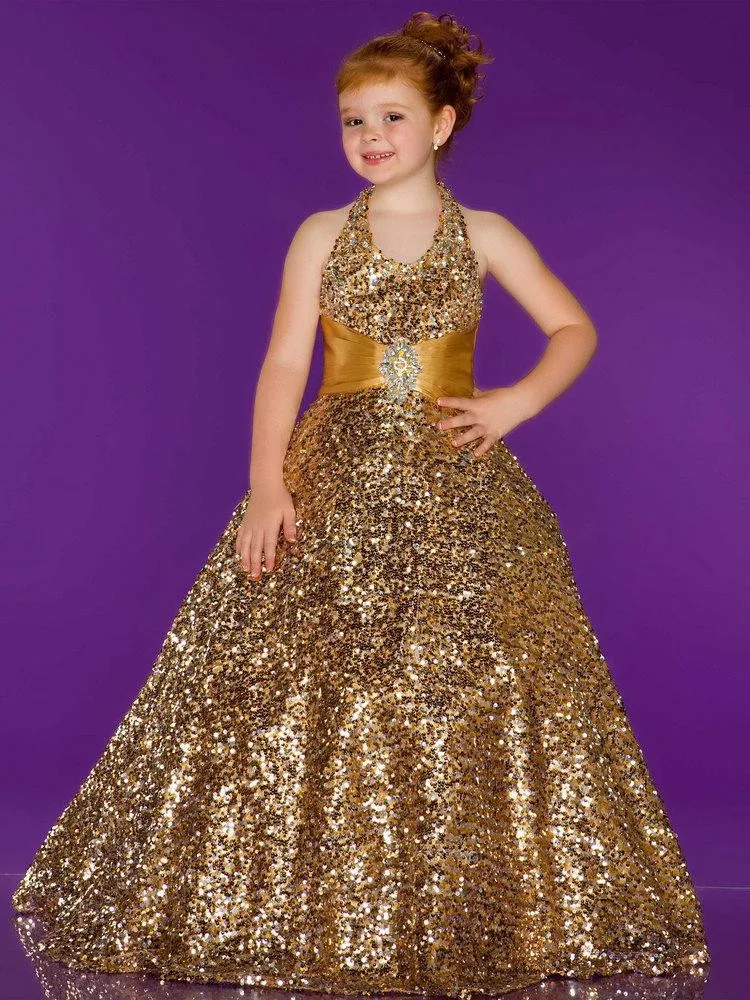 

Gorgeous Party Princess Vestidos de Communion Golden Halter Sequined Open Back Little Girl Pageant Gowns With Crystal Sash 2017