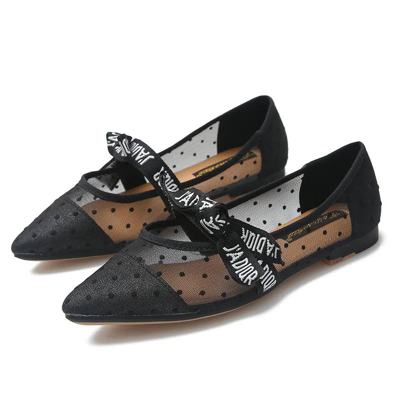 

2019 spring new single shoes female pointed flat shoes mesh breathable wave point bow shallow mouth large size women's shoes.