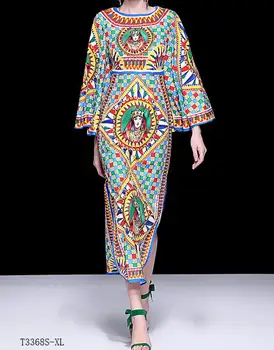 

European style 2019 New arrivals summer Spring fashion women clothes temperament beading printing vintage dress T3368