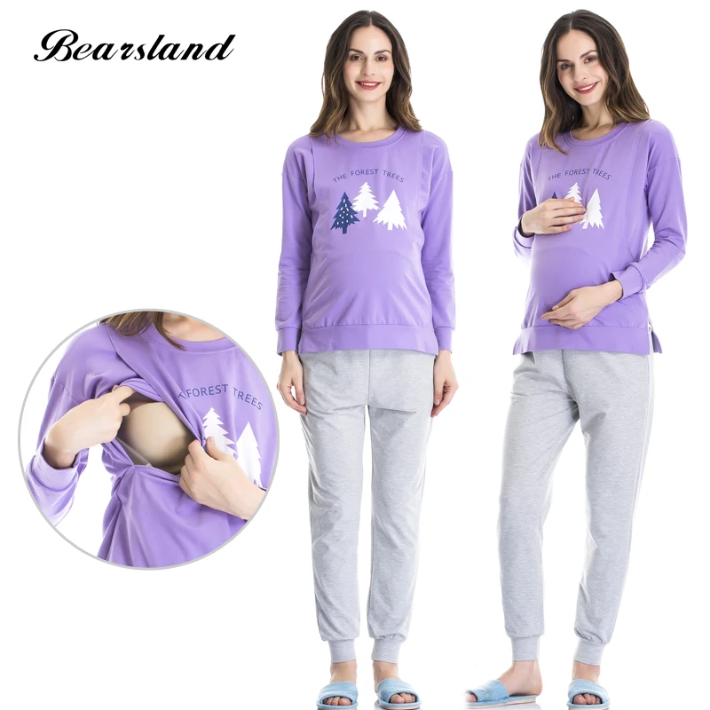 Bearsland Women's Maternity Nursing Pajamas Set 2 Pcs Breastfeeding Top