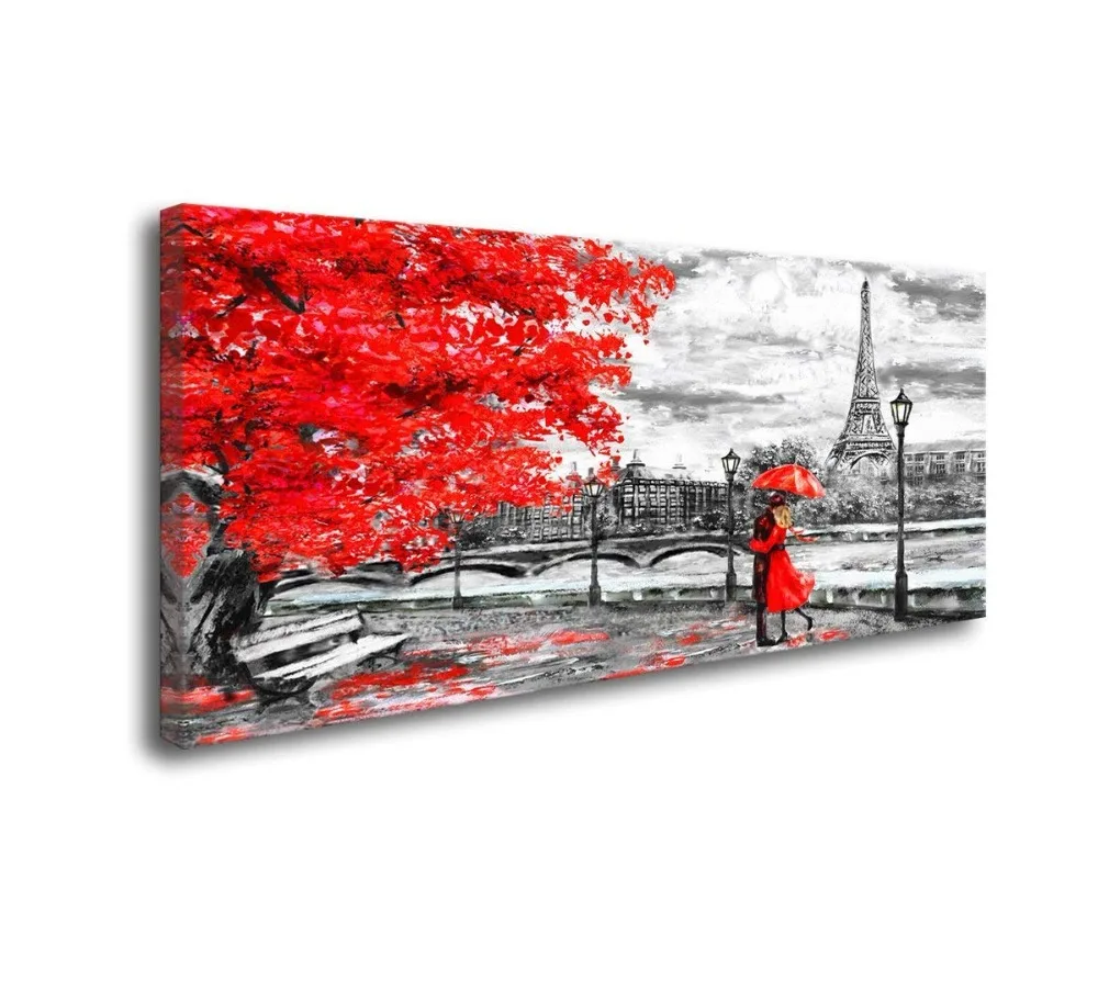 Canvas Wall Art Red Umbrella Couple in Street Tower Painting Printed