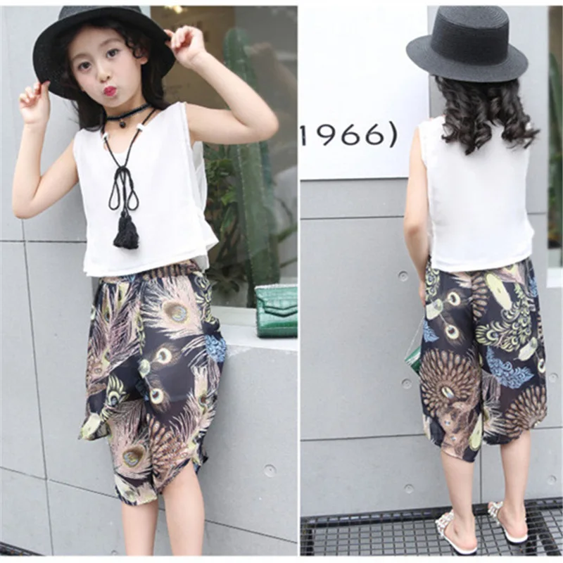 

2018 Summer New Girl Sleeveless Chiffon Tassel Neck chain Vest + Peacock Pattern Wide Leg Pants Set Child Retro Style Clothing