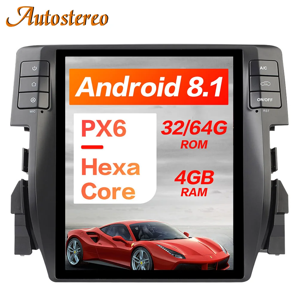 

PX6 Android 9.0 4GB RAM Tesla style Car GPS navigation For Honda Civic 2016-2019 multimedia player Auto head unit radio tape rec