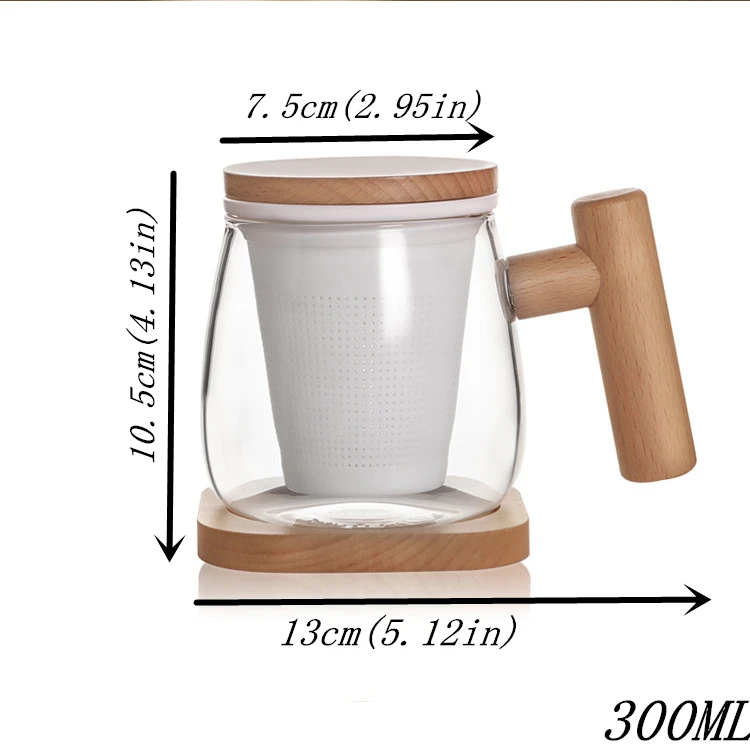 300 мл высокого класса боросиликатное стекло инфузии чашки чая кружка для воды с фарфор фильтр деревянная крышка ручка для домашнего офиса