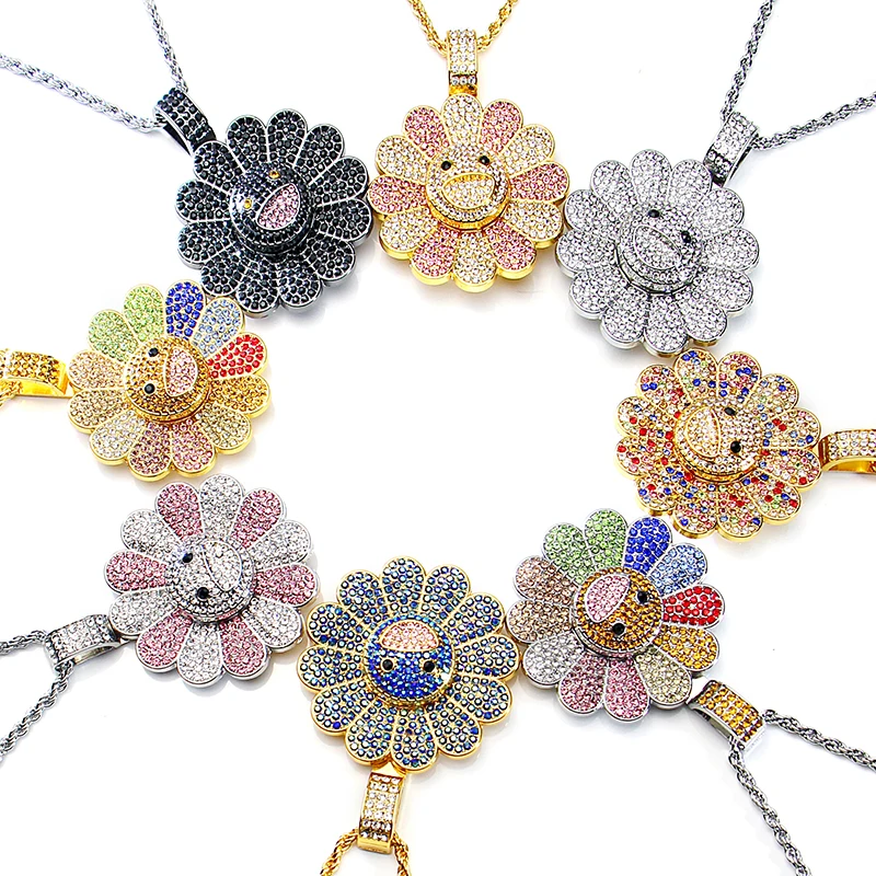 

Fashion Rotatable Sunflower Smile Pendant Necklace With Full CZ stones