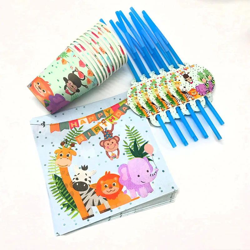 

60pcs/lot Safari theme disposable plates cups straws Safari party decorations Safari Animals theme disposable tableware