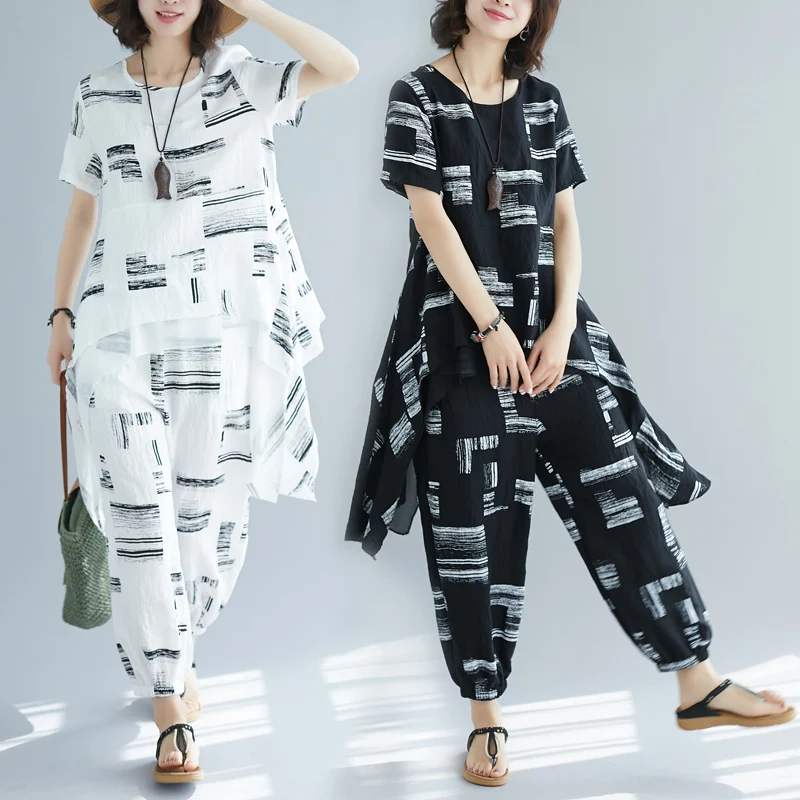 #0820 Black White Long Tees And Harem Pants Cotton Linen Printed Suits Ladies Casual Two Piece Set Trousers Top Asymmetrical |