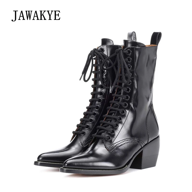 

Sexy Women Boots Chunky Thick Heels Lace up Ankle Boots Women Cow Leather Short Martin boots Pointed Toe Winter Shoes Woman