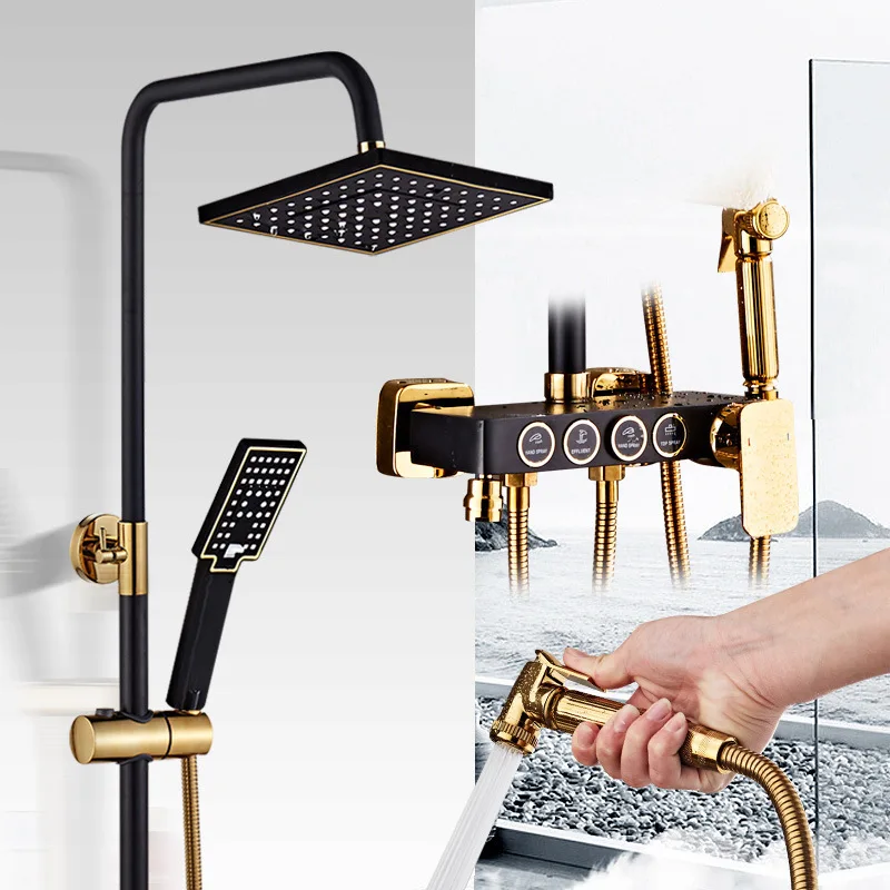 

high-end shower faucet suit with black and gold button four-block European-style enamel white and black with spray gun