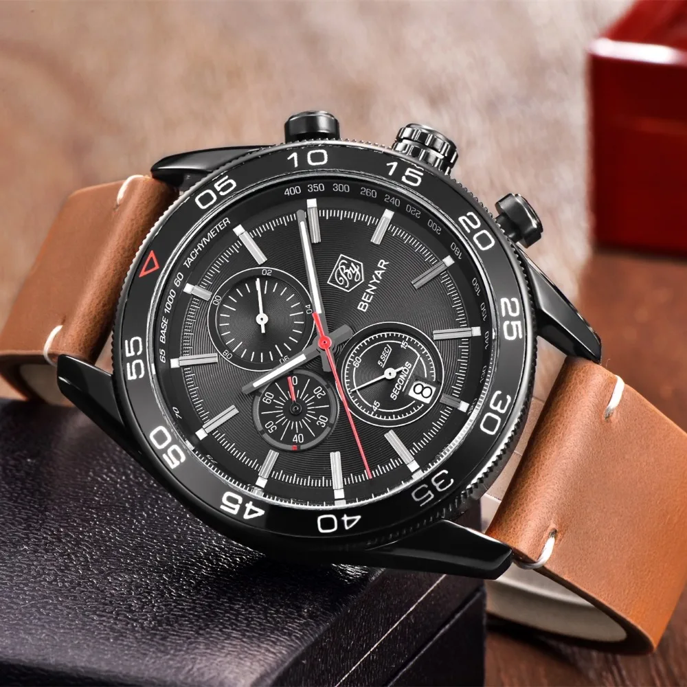 

BENYAR New Fashion Waterproof 30M Chronograph Sport Mens Watches Top Brand Luxury Military leather&steel Clock Relogio Masculino