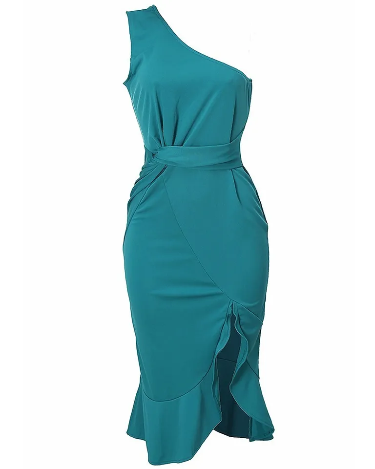 one shoulder scrunch dress