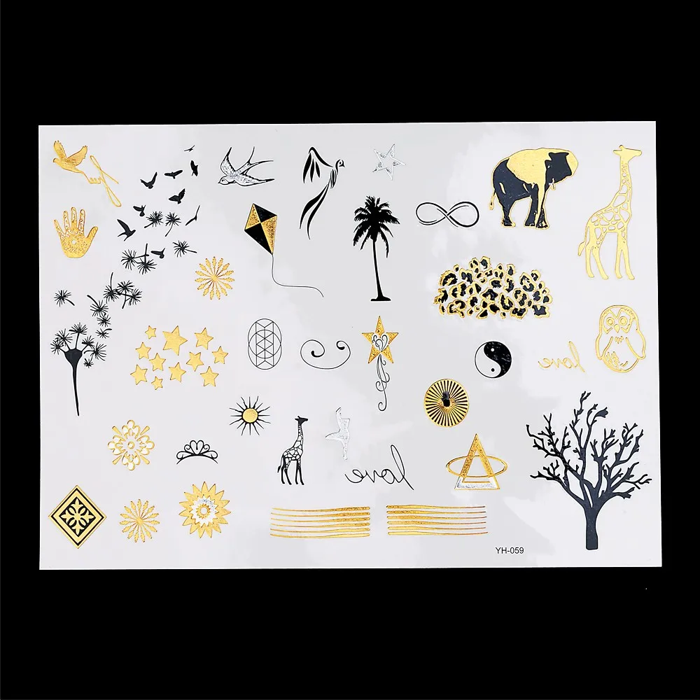 1pc Flash Metallic Waterproof Tatoo 3D Gold Silver Women Henna YH-059 Dandelion Owl Tree Flower Pattern Temporary Tattoo Sticker