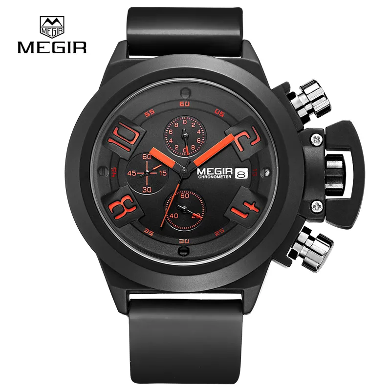 

Men's Silicone Sports Chronograph Quartz Wrist Watches Large Dial Waterproof Stopwatch Clock Relogios Masculinos MN2002G/BK-1