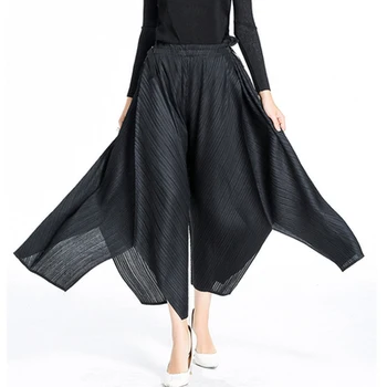 

HOT SELLING Miyake Nine points fashion fold black wide-legged irregular pants IN STOCK