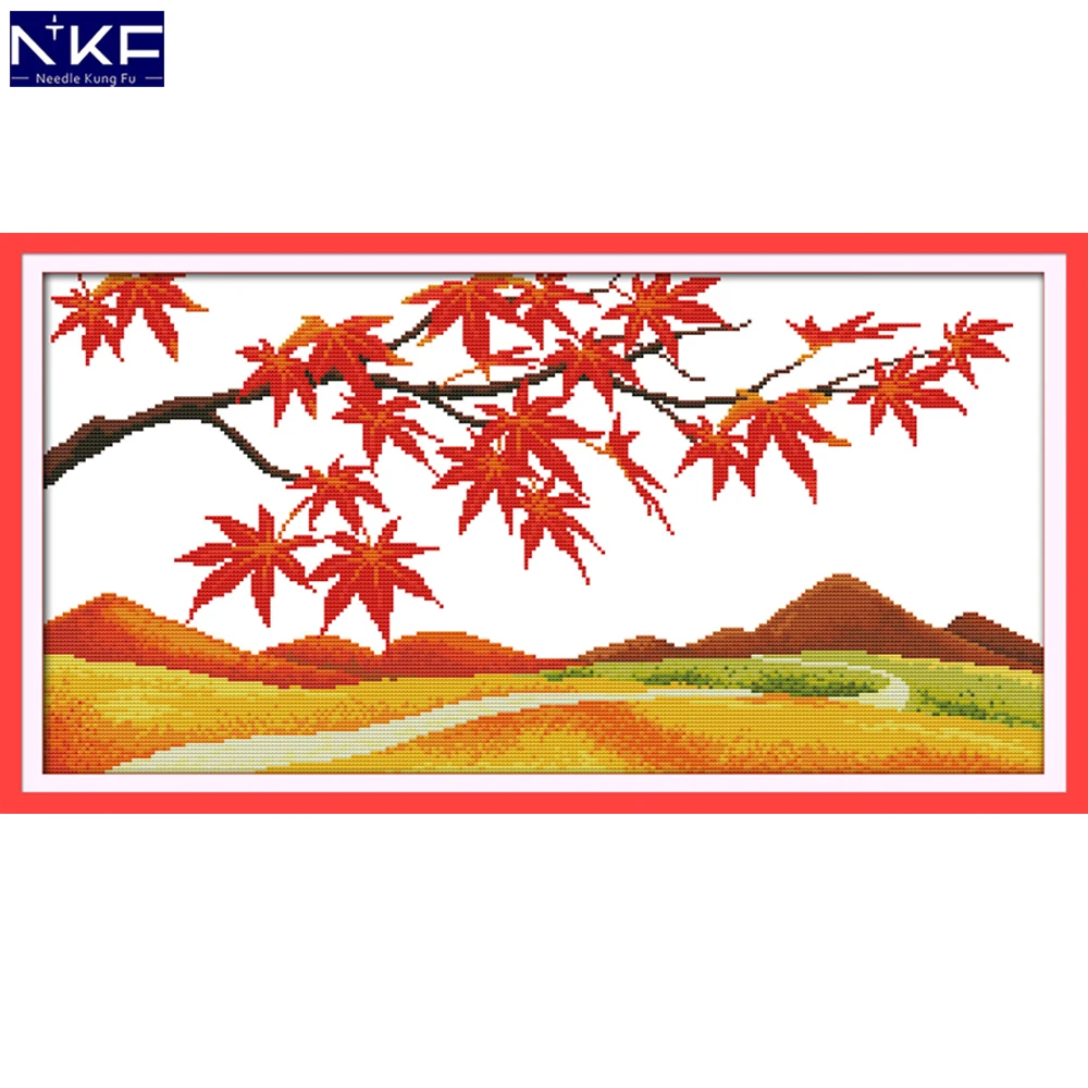NKF Golden Maple Scene Stamped Cross Stitch Pattern DIY Kit Needlework Embroidery Sets Chinese for Home Decor | Дом и сад