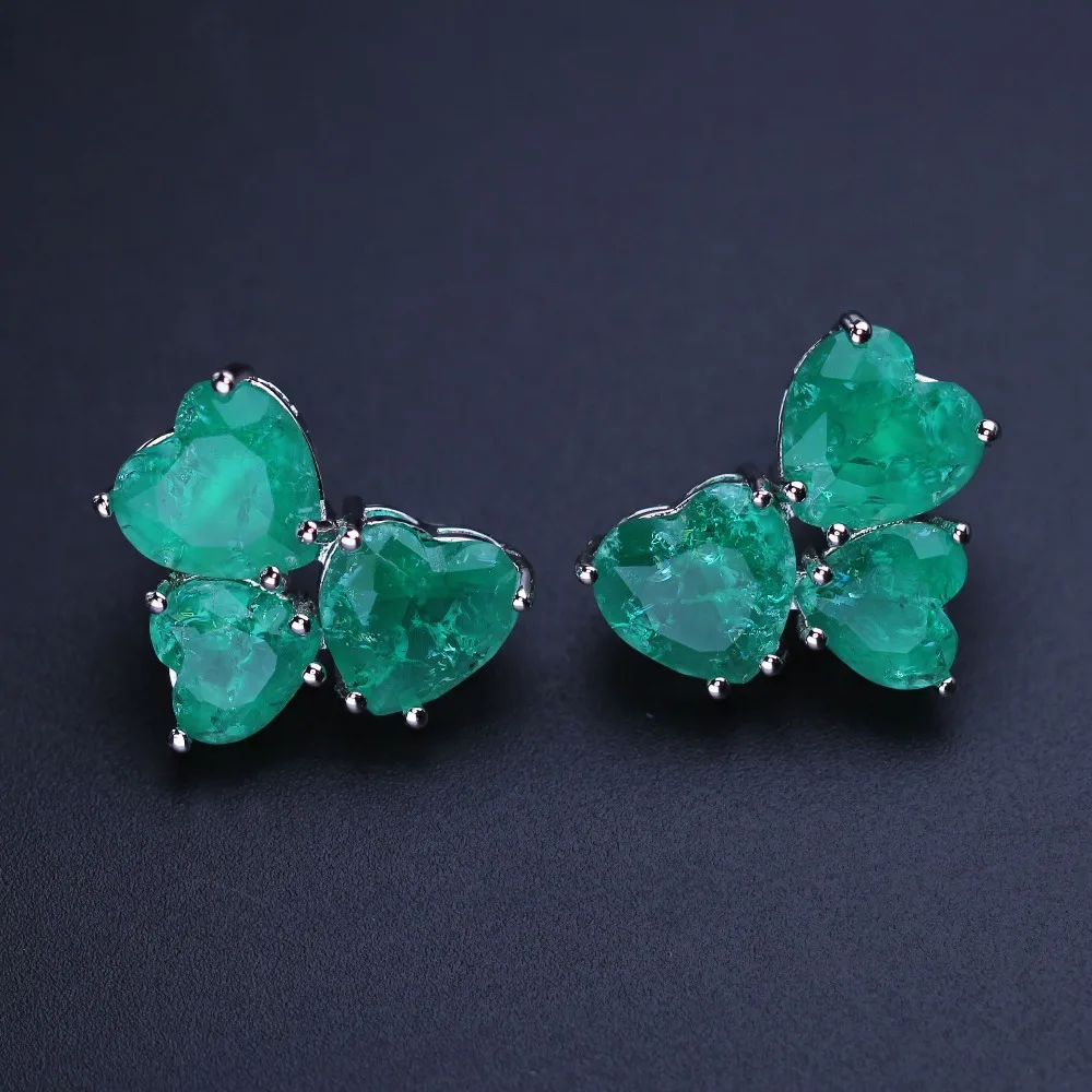 MW heart shape stud earrings green crashed fusion stone earrings party