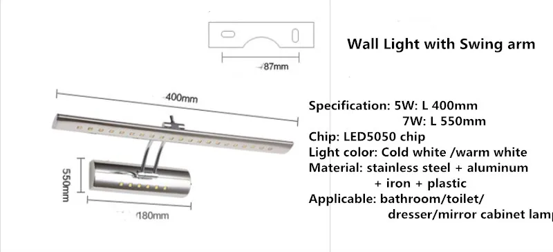 Настенный светильник из нержавеющей стали, поворотный кронштейн для ванной комнаты, современный светодиодный светильник для зеркала с выключателем, светильник для фотографий