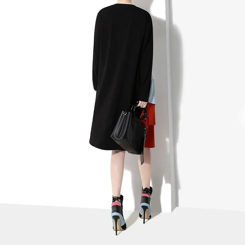 XITAO асимметричное платье миди с оборками Женская одежда пуловер с круглым вырезом в стиле пэчворк пуловер богиня веер Плиссированное летнее Новое DLL2055