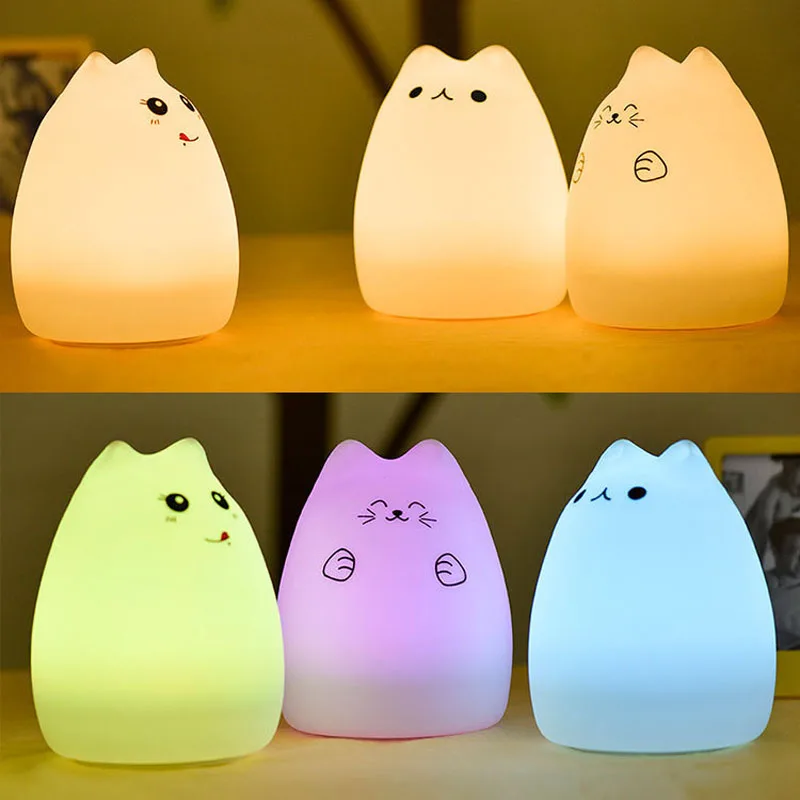 USB Rechargeable LED Colorful Night Light Cat Silicone Soft Cartoon font b Baby b font Nursery