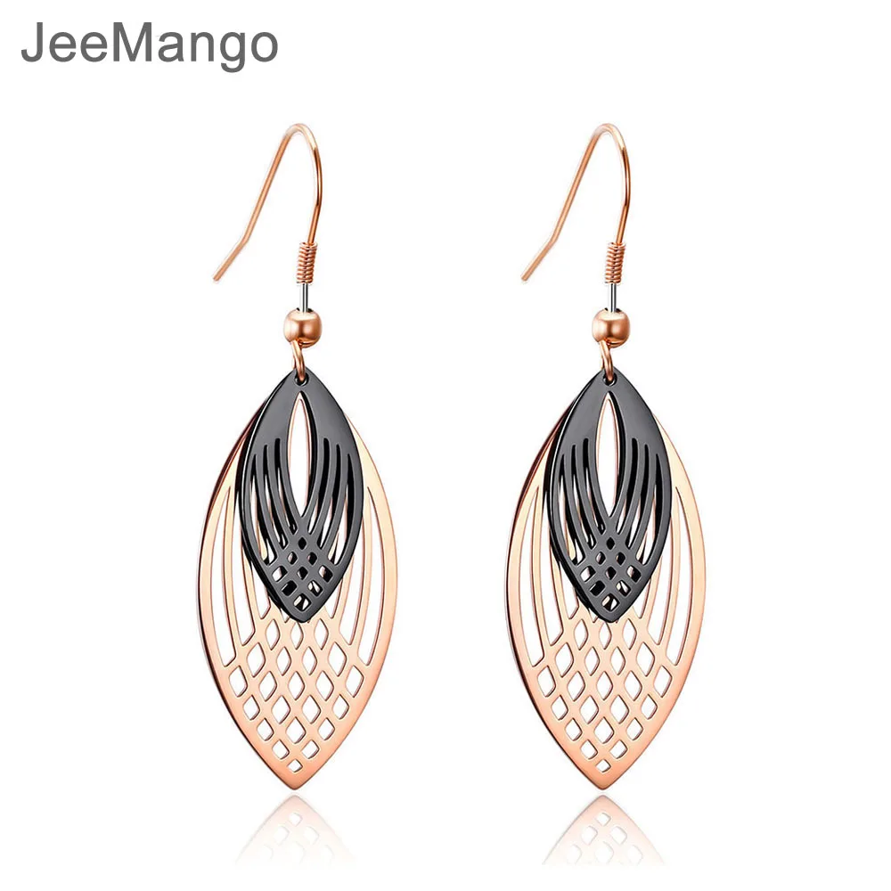 

JeeMango Trendy Hollowed-out Double-layer Leaves Stainless Steel Dangle Earrings For Women Black/Rose Gold Drop Earrings E18479