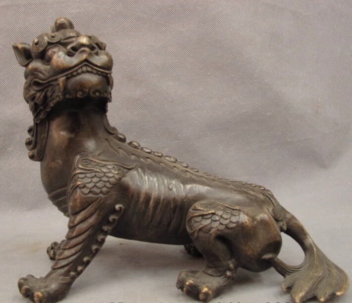

S4876 9" Folk Chinese Bronze Guardian FengShui Foo Fu Dog Unicorn Lion PiXiu Statue D0318