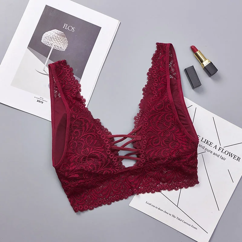 

Women Lace Crossing Bralette Deep V Lace Lingerie Bra Padded Sexy Push Up Plunge Bra Wire Free Underwear Ladies Black Bras