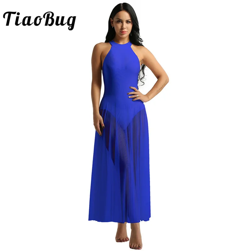 

TiaoBug Women Sleeveless Mesh Ballet Tutu Leotard Dress Ballerina Stage Dance Costume Gym Bodysuit Gymnastics Leotard Long Dress