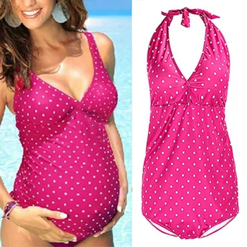 

Pregnant Women Swimsuit Dot Print Halter Backless Vintage Wire-free Bathing Suit S7JN