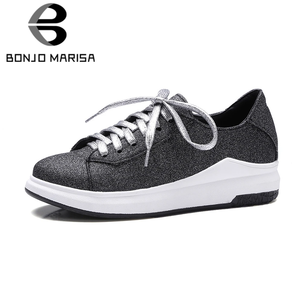 

BONJOMARISA Big Size 34-43 New Flats Lace Up Round Toe Shallow Shoes Woman Casual Retro Spring Autumn Flats Black Hot Sale