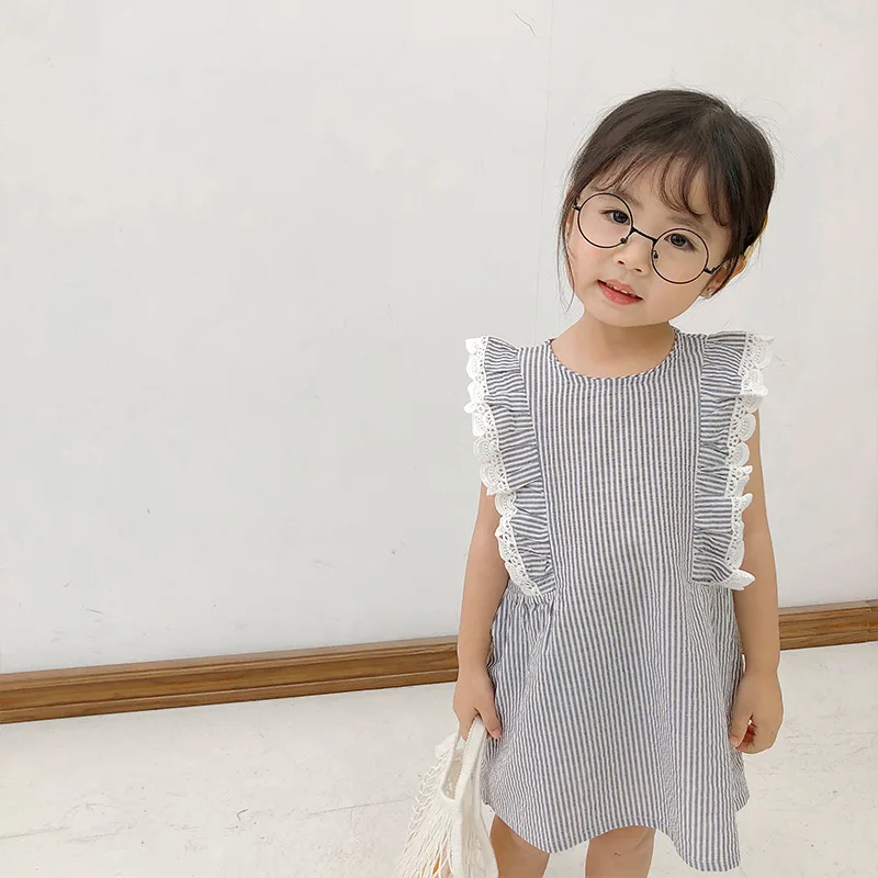 

2019 Summer New Arrival korean style cotton sleeveless striped stitching princess dress with lace for cute sweet baby girls