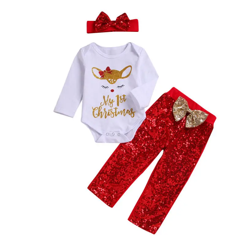 Рождественская Одежда для новорожденных девочек от 0 до 24 месяцев хлопковый боди с длинными рукавами Топы+ длинные штаны с бантом и блестками, Набор резинок для волос