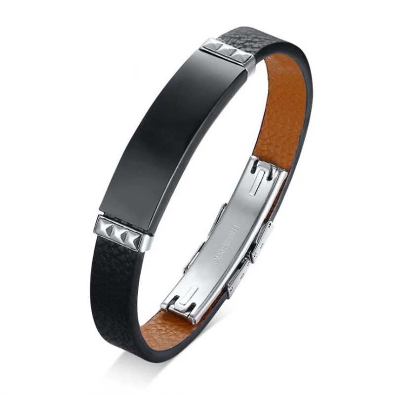 

Men Black Genuine Leather Bracelet Stainless Steel Tag Charm and Clasp Bracelet Customized Laser Engraving Jewelry