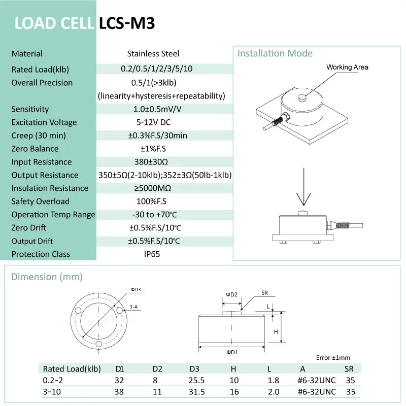 Датчик клетки нагрузки LCS-M3(200-2000lb/3000-10000lb) крошечный